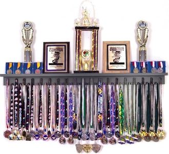MedalAwardsRack 4ft- Premier Medal Hanger Display Rack and Trophy Shelf for Gymnastics, Soccer, Basketball, Football, and More. The Largest Medal and Award Display- 48” - Black
