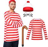 Adults Men Women Halloween Cosplay Costume Red&White Striped Long Sleeve T Shirt With Glasses Hat Scarf Crutch (Men, S)