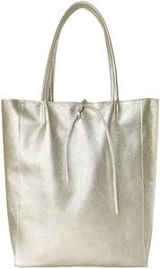 TAKEASY Italian Metallic Genuine Leather Tote Bag for Women with Zipper for Work & Travel | Large Soft Shopper Handbag Purse Bucket (Metallic Platinum)