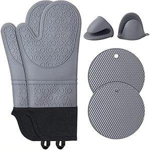 Guanti da Forno in Silicone Impermeabili Antiscivolo: 6 Pezzi Guanti Resistenti al Calore Fino Guanti da Forno e Sottobicchiere Professional per Cucinare Forno Barbecue BBQ Grill & 2 Clip per le Mani