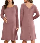 Ekouaer Women Maternity Nightgown Labor Delivery Nursing Gown Hospital Breastfeeding Dress Button Down Long Sleeve Sleepwear Dusty Pink S