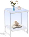 VASAGLE End Table, 2-Tier Side Table with LED Lights, Modern Nightstand, Square Bedside Table, Frosted Glass, Bottom Shelf, for Bedroom, Cloud White and Pearl White ULET232W01