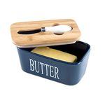 Hasense Porcelain Butter Dish with Bamboo Lid - Covered Butter Keeper with Butter Knife for Countertop, Airtight Butter Container with Cover Perfect for East West Coast Butter, Blue
