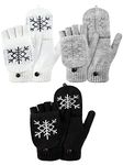 Bencailor 3 Pairs Knitted Winter Fingerless Gloves Warm Flip Convertible Mittens Flap Cover Gloves for Women Men(Black, White, Gray, Snowflake Pattern)