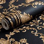 QIHANG European Classic Black Damask Stereo Deep Embossed Wallpaper Roll for Living Room Hotel Tv Backdrop 0.53m x 10m=5.3m2