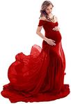 ZIUMUDY Maternity Chiffon Mermaid Gown Off Shoulder Dropped Sleeve Fitted Photo Shoot Photography Dress, Burgundy