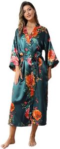 Women's Satin Kimono Robe Floral Long Silky Robes Bridal Kimonos Bridesmaid Party Dressing Gown, Rose Floral Darkgreen, 4X-Large-5X-Large Plus