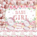 167 PCS Baby Shower Decorations Girl Gender Reveal Party Supplies Babygirl Tableware Set - Plate, Napkins, Baby Shower Backdrop, Balloons Rose Gold Floral Girl Baby Shower Party Decorations Serves 20