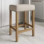 Nathan James 21313 Hylie Nailhead Wood Pub-Height Kitchen Counter Bar Stool 24", Natural Flax/Light Brown