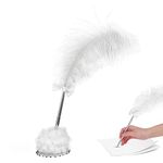 Ostrich Feather Pen, Feather Signing Pen with Metal Holder Pen Stand Table Decor,White Feather Guest Book Signing Pen Quill Signing Ballpoint Writing Pen Wedding Reception Party