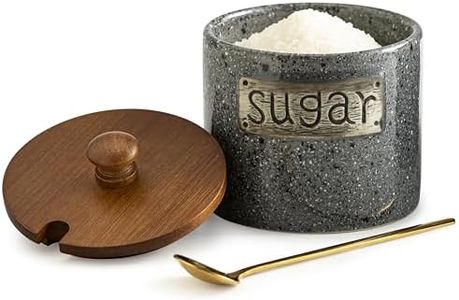LYEOBOH Sugar Bowl with Lid and Spoon, Sugar Jar Porcelain Salt Bowl with Wood Lid and Stainless Steel Spoon,Ceramic Sugar Bowl 15oz Coffee Canister Kitchen Decor, Grey