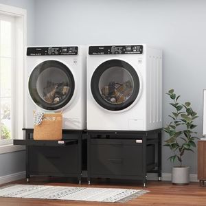 MilleLoom Washer and Dryer Pedestals with Pullout-Shelf and Drawer, 29" Heavy Duty Metal Laundry Pedestal, Universal Washing Machine Stand with Adjustable Feet, 850lbs Capacity, Black