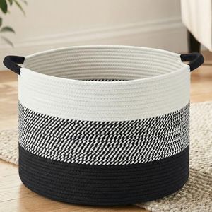 Artfeel Large Natural Woven Blanket Basket, 100L Boho Decorative Cotton Rope Basket for Blankets Pillows and Toddler Toy Storage, Rope Blanket Storage for Living Room, Laundry, Nursery (Black)