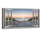 Wall Decorations for Living Room - Beach Wall Art Ocean Decor Fake Windows Beach Themed Seascape Sunrise Bathroom Pictures for Wall Coastal Wall Decor Large Canvas Art Wall Decor Stretched 24x48inch