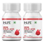 INLIFE Chelated Iron Folic Acid Supplement with Vitamin C, E, B12, Zinc & Selenium for Men Women - 60(Pack of 2, 120)