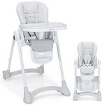 COSTWAY Folding Highchair for Babies and Toddlers, Height Adjustable Baby Feeding Seat Recliner with Double Removable Tray, 5 Point Harness & Lockable Wheels, from 6 Month to 3 Years (Grey)