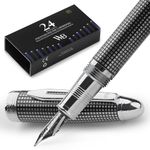 Wordsworth & Black Majesti Fountain Pen-(Black Checked), Luxury Case, Stainless Steel; Medium Nib- Ink Cartridges, Refillable Ink Converter-Calligraphy Pen-Best Business Gift Set for Men & Women