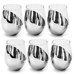 MyGift Modern Tilted Silver Tone Metallic Stemless Wine Glasses, Beverage Drinkware Tumbler Cups, Set of 6