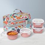 Borosil Bloom Pink Universal Borosilicate Color Glass Lunchbox with Bag | Set of 4 (320ml x 2 Square + 240ml x 2 Round) | Microwave & Dishwasher Safe, Leakproof | Tiffin for Office, School