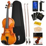 Mendini MV400 Ebony Fitted Solid Wood Violin with Tuner, Lesson Book, Hard Case, Shoulder Rest, Bow, Rosin, Extra Bridge and Strings - Size 4/4, (Full Size)