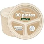 HAAGO - 90 10" Heavy Duty Sugarcane Bagasse Biodegradable Disposable Compartment Plates for Party, Eco-Friendly and Compostable for Hot & Cold Food - 26cm
