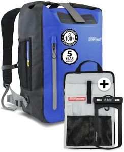 Overboard Blue Waterproof Backpack 45L Bundle | Roll Top Floating Dry Bag for Kayaking, Beach, Boating, Hiking, Fishing, Rafting | Includes Waterproof Phone Case and Backpack Organizer