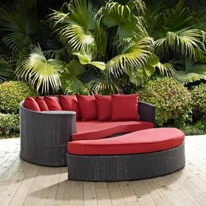 BRISHI Outdoor Patio Daybed/Sunbed/Swimming Pool Side/Sun Lounger/Garden/Terrace/Balcony/Wicker and Rattan Daybed (Dark Brown/Red)
