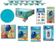 Unique Industries Inc, Finding Nemo Dory Birthday Party Supplies Decoration Bundle for 16 includes Plates, Napkins, Table Cover, Door Poster, Happy Banner, Favor Loot Bags, Tattoos