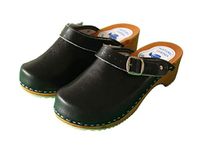 Womens Leather Clogs - Swedish Handmade White Black Brown Wooden Sole Sandals - Ladies Shoes with Strap Buckle - Many Sizes UK (8 UK, Black)