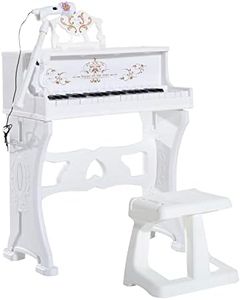 HOMCOM 37 Keys Kids Piano Mini Electronic Keyboard Light Kids Musical Instrument Educational Game Children Grand Piano Toy Set w/Stool & Microphone & Music Stand (White)