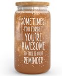 KLUBI Birthday Gifts for Women - Sometimes You Forget Your Awesome Gifts for Her 16oz Glass Cup With Lid And Straw Self Care Gifts for Women Farewell Gifts for Coworkers College Care Package for Girls