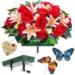 ALL SPECIAL Headstone Flower Saddle for Grave Cemetery - Tombstone Saddle Flowers for Christmas, Memorial Day, Gravestone Saddle Florals Red Roses and Orange Lilies Never Be Blown Away by Strong Winds