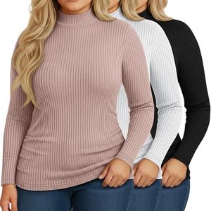 Riyiper 3 Pack Women's Ribbed Plus Size Mock Turtleneck Tops, Long Sleeve Slim Fit T-Shirts Pullover Sweater Basic Layer Top(Black, White, Apricot,5X-Large)