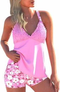 ROSEWE Women's Tankini Bathing Suits Smocked Solid Swimsuits with Shorts