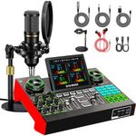 Podcast Microphone Bundle with Live Sound Card Audio Mixer, Podcast Equipment Bundle with 3.5mm Condenser Microphone for Pc/Phone Live Streaming Singing Gaming, Sound Board with Voice Changer, Denoise