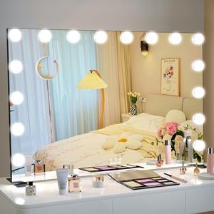 BEAUTME Vanity Mirror with Lights, Hollywood Makeup Mirror with Lights, Lighted Makeup Mirror with 16 Dimmable Led Bulbs, 3 Color Lighting Modes, Tabletop Or Wall Mount, 91.1×61.6cm, Black