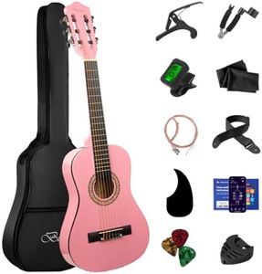 BESYOU 30in Beginner Acoustic Guitar Basic Starter Kit Tuner Bag Capo Strings Winders Strap Picks Student/Kids Guitar Pickguard with Gig Bag Pink