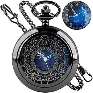 Tiong Exquise Starry Blue Hollow Case Quartz Pocket Watch Roman Numerals Retro Watches Souvenir Gift for Men Women