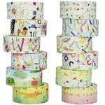 YUBX Cute Washi Tape Set 12 Rolls Gold Foil Masking Cartoon Drawing Decorative Tapes for Arts, DIY Crafts, Journals, Planners, Scrapbook, Wrapping (Children's Patintings)