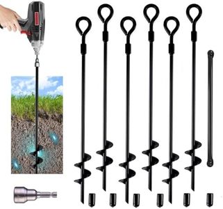 MIXXIDEA18 Inch Ground Anchors Screw in Folding Ring Spiral Metal Ground Stakes Dog Tie Out Stake Spiraling Anchor Trampoline Anchors for Tent (black-6pk)