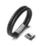 SERASAR Men Bracelet [Double] Silver 17cm - Bracelets for Men Christmas Gifts Silver Jewelry Leather Bracelet for Men Stainless Steel Bracelet Gift Ideas for Men Personalized Bracelet for Men