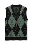 DIDK Men's Argyle Plaid Print V Neck Sweater Vest Sleeveless Regular Fit Knit Pullover Shirt Tops Green and Black L