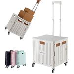 MACOPRO Folding Utility Cart Portable Rolling Crate Handcart Shopping Trolley Collapsible Tool Box, with Lid, Basket on 4 Rotate Wheels, for Grocery, Shopping, Office, Storage, Teacher (White)