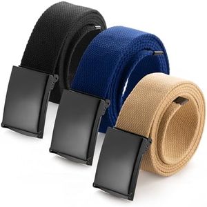Mile High Life Cut To Fit Canvas Web Belt Size Up to 52" with Flip-Top Solid Black Military Buckle (3 Pack Black/Khaki/Blue)
