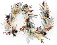 6 FT Pre-lit Christmas Garland with 20 LED Lights, 8 Lighting Modes Xmas Artificial Green Rattan with Snow Frost, Pine Cones, Red Berries, White Leaves, Home Fireplace Mantle Outdoor Front Porch Decor