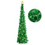 HMASYO 150 CM Pop Up Christmas Tinsel Tree with Lights - Collapsible Colorful Sequin Artificial Christmas Pencil Trees Decorations for Home Apartment Party Indoor Outdoor