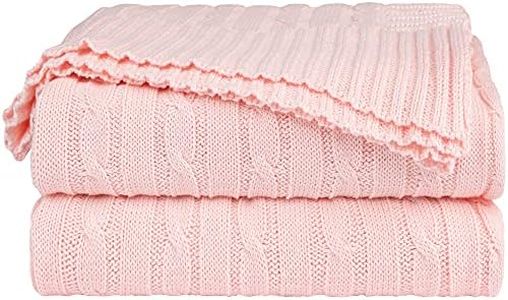 uxcell 100% Cotton Knitted Throw Blanket for Sofa and Couch Soft Lightweight Cable Knit Blanket Home Decors Blanket, Millennial Pink 50" x 60"
