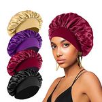 4PCS Silk Bonnet for Sleeping,Elastic Wide Band Hair Bonnet Cap for Sleeping Curly Hair, Hair Wrap Satin Bonnets Shower Cap for Black Women Men(Brown & Purple & Wine Red & Black)