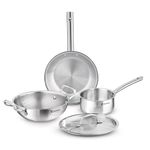 Bergner Tripro Triply Stainless Steel 4 Pc Cookware Set, 24 cm Indian Wok/Kadai with Lid, 22 cm Frypan, 16 cm Tea Pan, Even and Fast Heating, Induction Bottom, Gas Ready, Silver