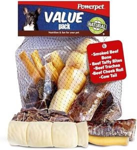 Powerpet Treats All Natural Dog Chews Value Pack - Smoked Beef Bone, Taffy Bites, Beef Trachea, Beef Cheek Roll & Cow Tail - Long-Lasting Dog Treats, Breeds & Aggressive Chewers